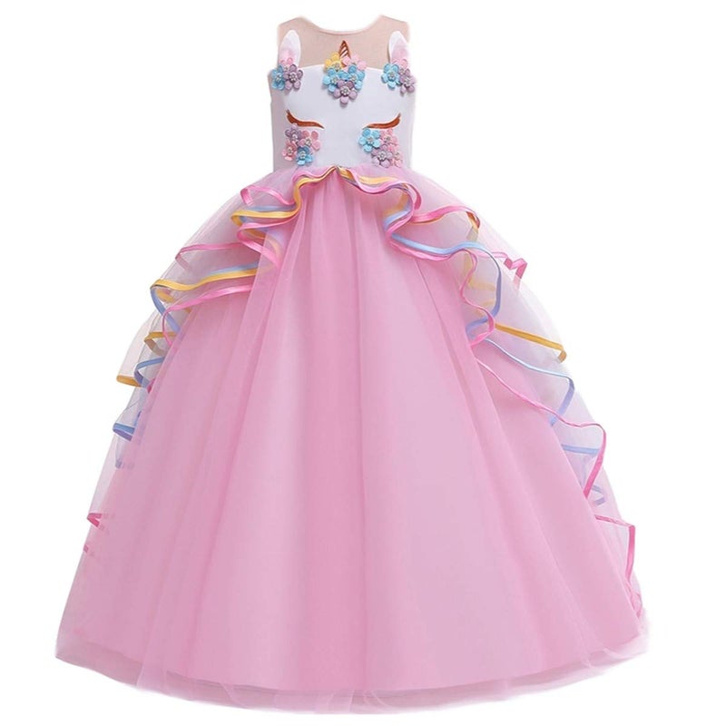 HIHCBF Girls Unicorn Costume Pageant Princess Party Dress Wedding Birthday Halloween Carnival Long Maxi Gown w/Headband Pink 6-7T - Image 2